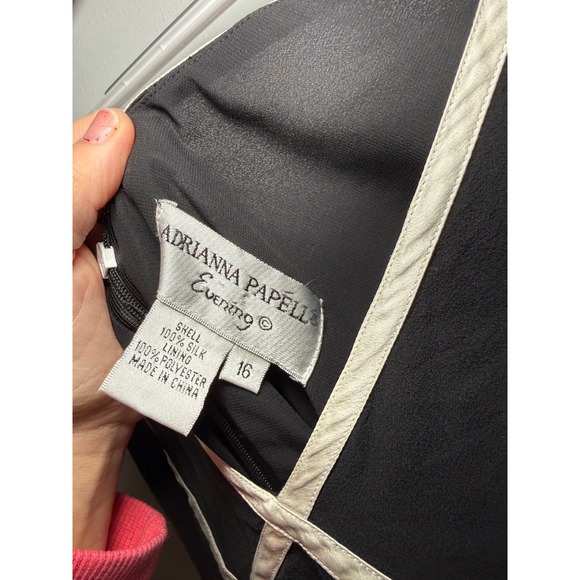 Adrianna Papell Evening Black Silk Dress Womens 16 V Neck Ribbon Detail Cocktail - Picture 3 of 9